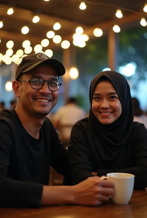 Two Indonesian men in their 30s sitting in a cafe one wearing a black long-sleeved shirt wearing a baseball cap with glasses one young man aged 20 wearing a black shirt and a woman in a black hijab wearing a white shirt is smiling sitting together facing t...