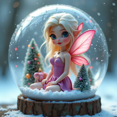 A beautiful pixie dressed in a pink dress with pink and purple wings trapped inside snowglobe with a Christmas scene  snow falling down on her A beautiful 20k caucasian female with  bright blue eyes, platinum blonde hair with ruby red highlights going thro...