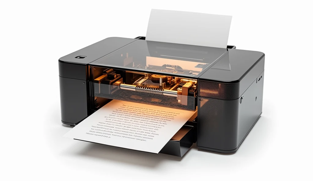 A high-quality, realistic image of a modern printer with a transparent glass casing, placed on a clean white background. The printer has a sleek, contemporary design with visible internal mechanical components through the glass, including smooth gears, pre...