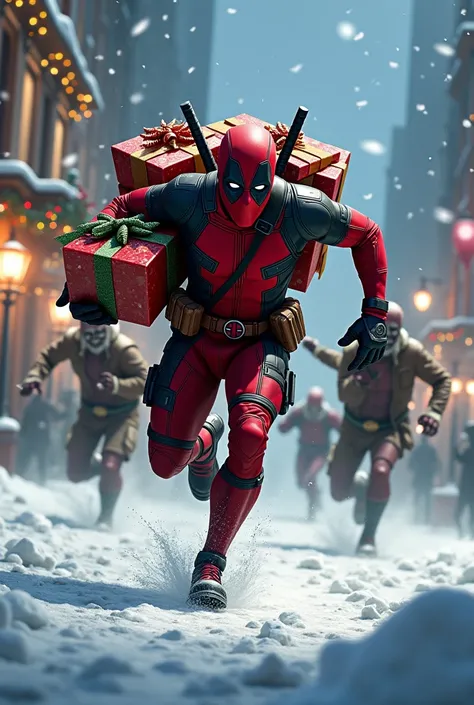 Deadpool Christmas running with presents chased by zombies