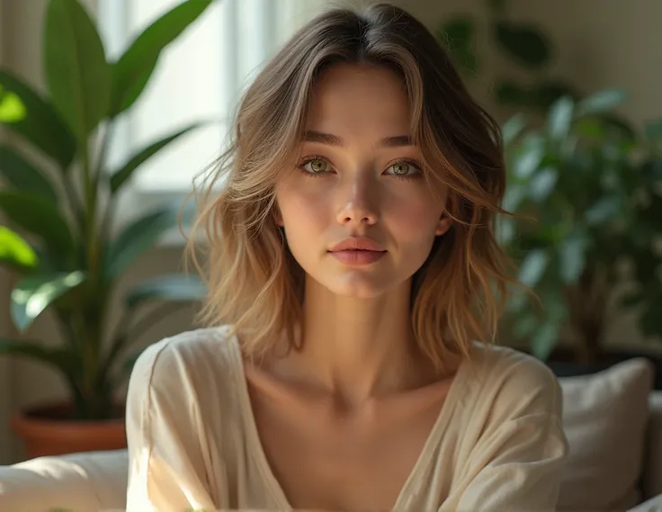 (((Realistic))) a young woman with shoulder-length, slightly wavy dirty blonde hair and darker, thick eyebrows that frame her face beautifully. Her light green eyes add a touch of softness to her features, complemented by a natural complexion and a faint, ...