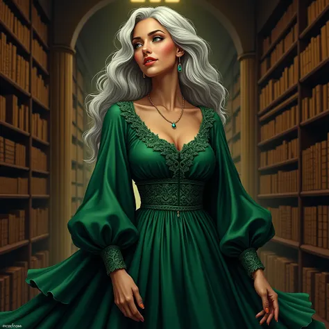 "Create a portrait in a comic book style of Katia, an enigmatic woman whose presence transcends time, she has 105 years old yet radiates an ageless grace. She has silver hair that cascades in soft waves, reflecting the wisdom of her years, and her eyes, a ...