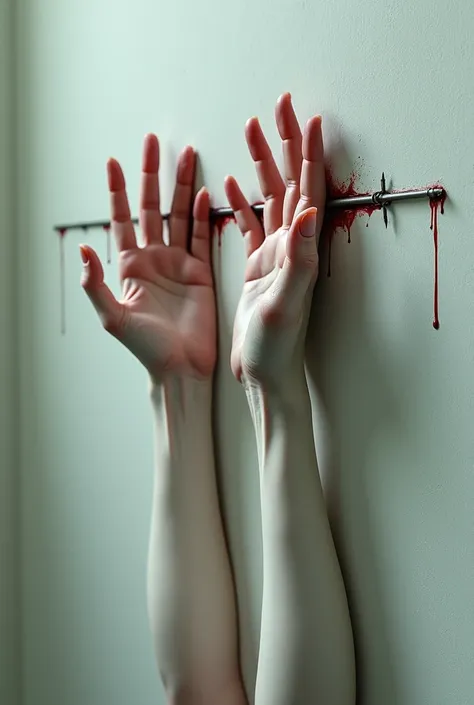 Pair of pale and delicate female hands nailed to the wall by a nail, blood dripping down