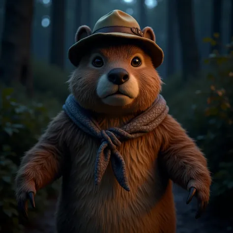 first-person view of a person wearing a capybara costume with a scarf and scout hat at night in low lighting