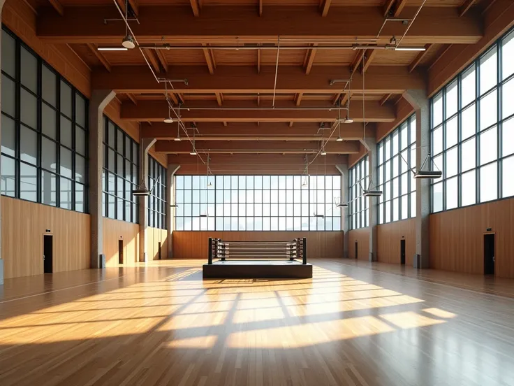 Create a modern, unoccupied, wooden-floored sports center,boxing ring in the middle, vast