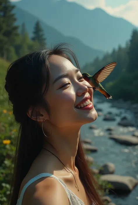 1 beautiful young asian woman and a hummingbird kissing her cheek ((upper body selfie, happy)), masterpiece, best quality, ultra-detailed, ground, outdoor, (night), mountains, nature, (stars, moon) cheerful, happy, forest, stones, river, wood, smoke, shado...