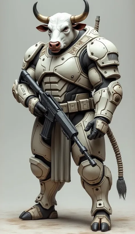 A humioied white bull soiler wearing a modern army outfit that coverd his full hand and holding a gun with hand hand
