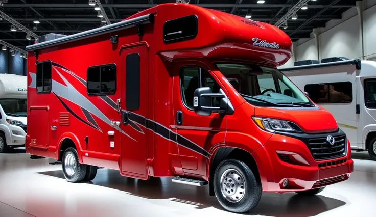 2025 Winnebago Minnie motorhome red shiny right view in showroom