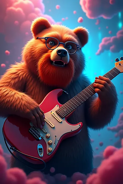 A bear with a red beard and glasses plays an electric guitar.