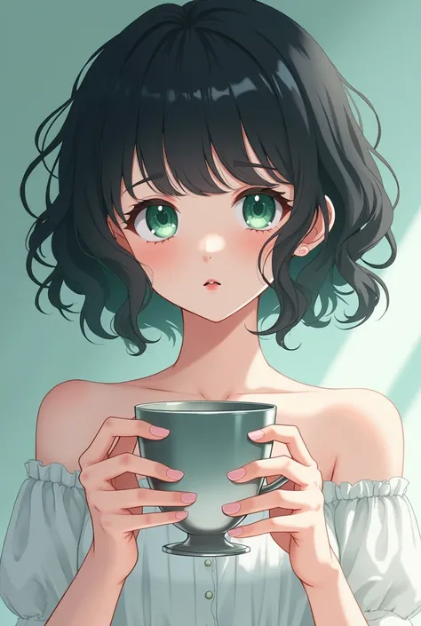 young woman,  short curly black hair, greenish blue eyes,  delicate white skin, and a silver cup ,  anime style One piece 