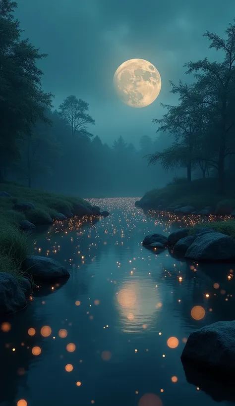 Evening Pond:1.5, ((Full shot:1.4)), ((beautiful lake at night in absolute darkness:1.5)), ((fireflies flying around illuminating the lake:1.5)), ((ultra detailed:1.5)), in the water reflects the lights of the fireflies:1.2, idyllic, dreamy, fantasy:1.3)),...