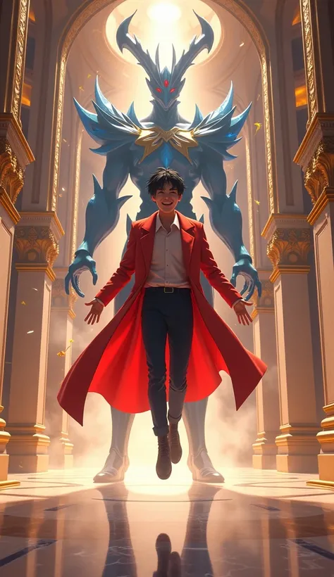 A 30-year-old hero with short, freshly grown black hair and a wide, charismatic smile hovers in mid-air inside a grand and luxurious hall, as if preparing to land. He wears bright, striking attire with vibrant, eye-catching colors that contrast beautifully...