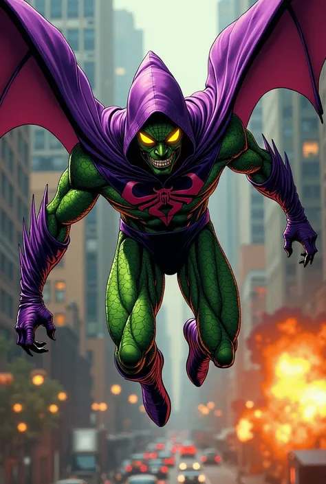       Norman Osborn aka Green Goblin in his classic purple suit           ,            with green arms and legs with scales           ,           green goblin mask with green goblin ears purple hood with yellow eyes,         flying on his bat-shaped flying...