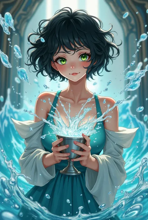  Young woman with the power of the water element,  short curly black hair, greenish blue eyes,  delicate white skin, and a silver cup , anime version one piece 