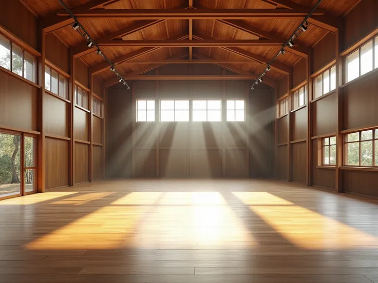 Create a modern, unoccupied, wooden-floored sports center, vast,There are martial arts training equipment, no windows