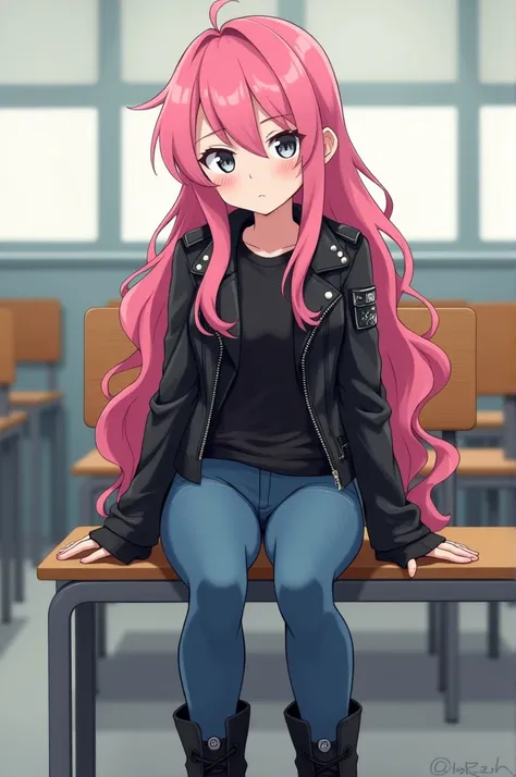 Style: anime 
character : a young girl, with an athletic body,  long wavy hair , pink hair,  she has gray eyes
Action :  sitting on a bench ,  with a bored face
Local :  classroom 
clothes :  wears a black leather jacket ,  a black shirt ,  blue jeans and ...