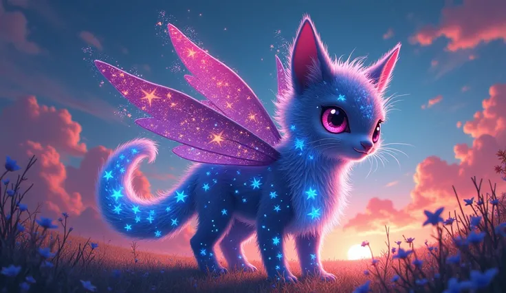 A glitchy endangered species known as the Stellarine, a mix of cosmic elements and digital errors, depicted in a whimsical and colorful animated painting. Its fur shimmers with glitching stars, its eyes flicker with glitched constellations, and its wings f...