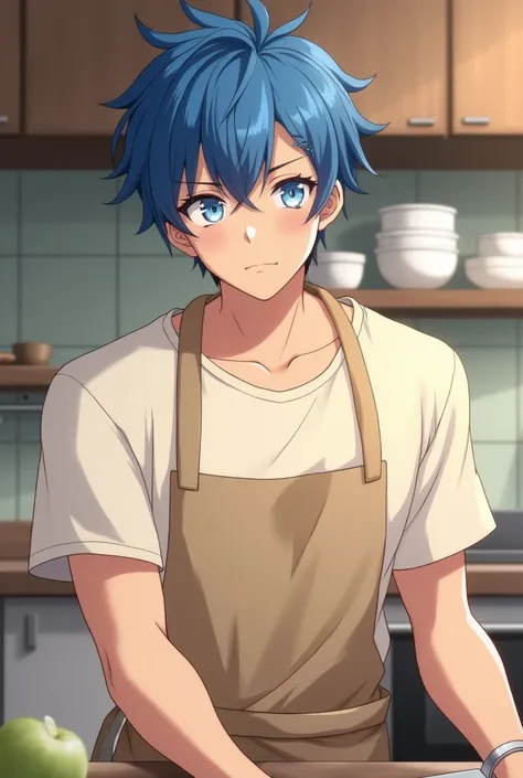 An attractive male anime character with blue hair,  styled in a slightly disordered way ,  and heavenly eyes that radiate calm and concentration . His physique is toned ,  denoting strength and dedication ,  but with a serene appearance .  He is in a cozy ...