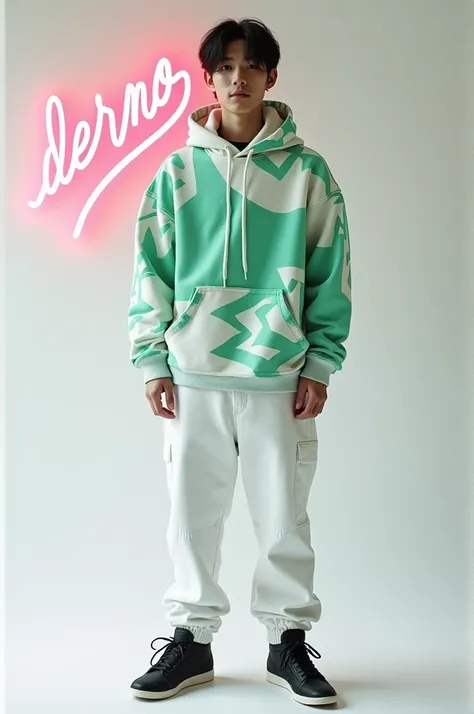 Draw a guy in a white hoodie with a green pattern with black hair in white pants in black sneakers on a white background in the angry neon phrase Derno in the corner