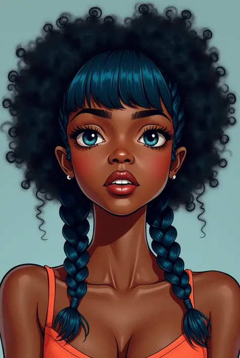  A black woman with curly hair tied in two Maria Chiquinhas, brown with bangs and the two Maria Chiquinhas dark blue 