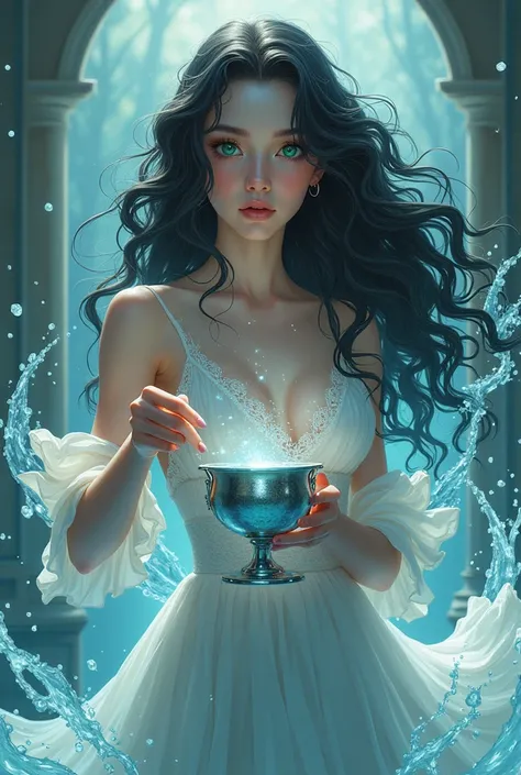  Young woman with the power of the water element, curly and long black hair, greenish blue eyes,  delicate white skin, and a silver cup , anime one piece