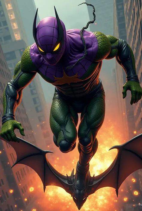       Norman Osborn aka Green Goblin in his classic purple suit           ,            with green arms and legs with scales           ,           green goblin mask with green goblin ears purple hood with yellow eyes,         flying on his bat-shaped flying...