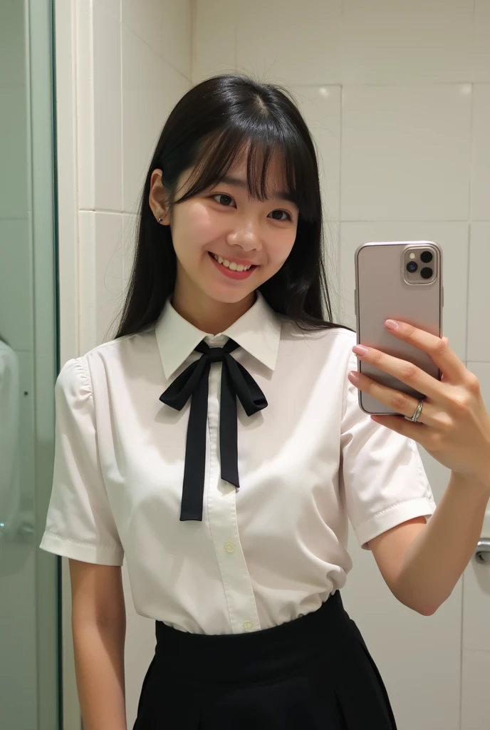  This is a picture of a Japanese woman taking a selfie in the mirror.   She is wearing a white uniform with a black ribbon and a black skirt  ,  The background is my bathroom .  