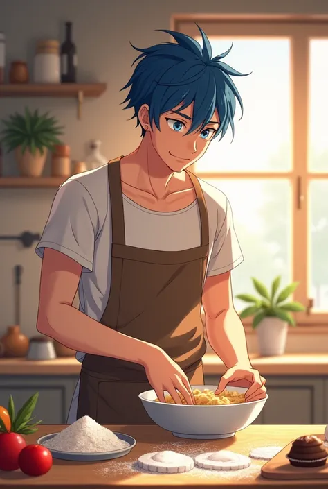 A male anime character, 29 years old, with blue hair,  styled in a slightly disordered way ,  and heavenly eyes that radiate calm and concentration . His physique is toned ,  denoting strength and dedication ,  but with a serene appearance .  He is in a co...