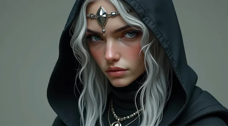 Create an elf man with facial features of the Antony Star Monk pumped with speed powers,  with long silver hair cut  "middle part", wearing a long black hooded robe  (no hood on the head)  using some silver accessories such as rings and necklaces.  