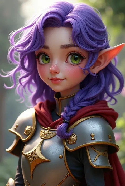  Halfling Paladino Donna , with purple hair , Curly and medium-length.  She has freckles on her face and has green eyes.  Her face is nice 