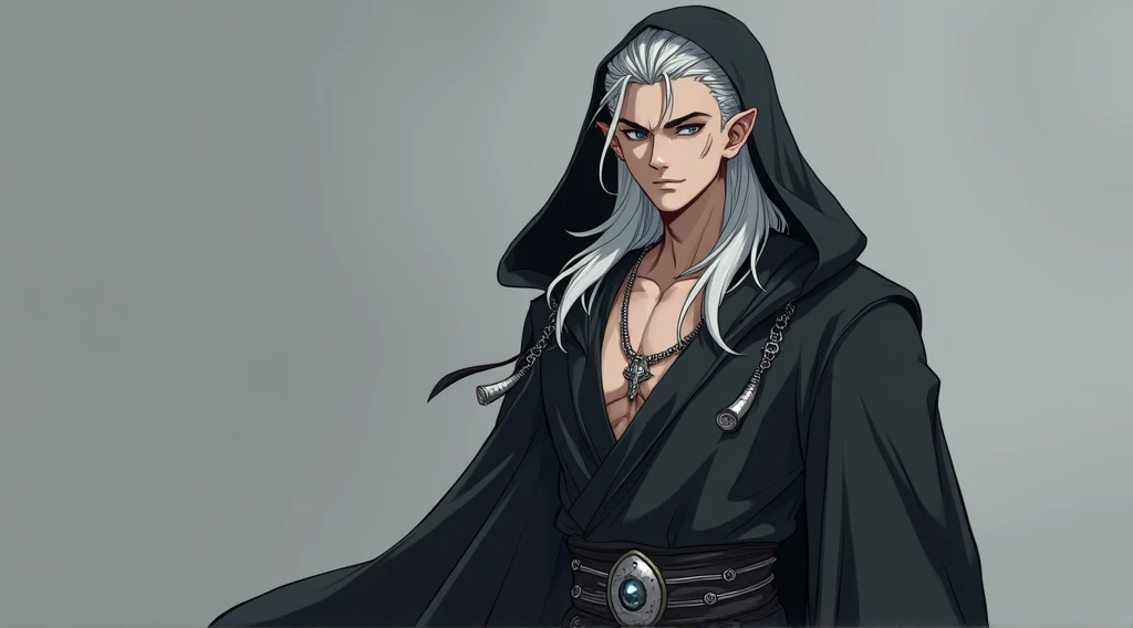 Create a pumped male anime monk elf with speed powers,  with long silver hair cut  "middle part", wearing a long black hooded robe  (no hood on the head)  using some silver accessories such as rings and necklaces.  