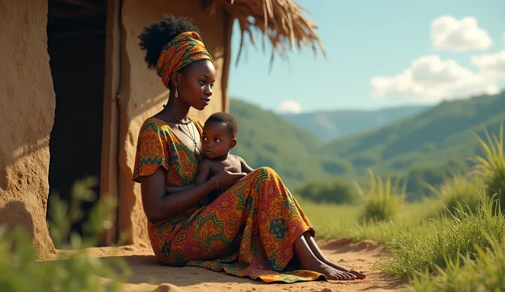 A beautiful Nigerian sitting in front of her hut, holding her baby(son)