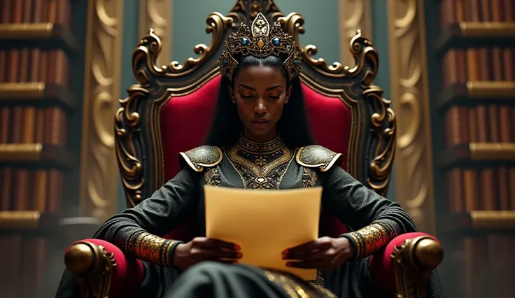 A beautiful but evil Nigerian queen seated on her throne looking through a scroll with a look on anger and disbelief on her face. Make her sensual 