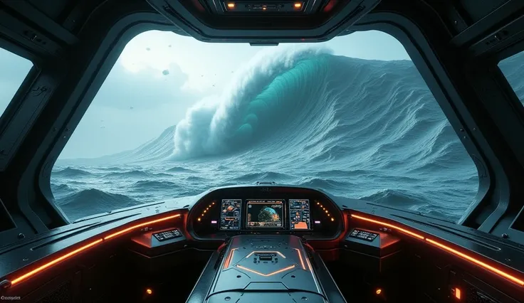 photo realistic - A first-person view from inside a spaceship with a sleek, angular design, looking out at a massive tsunami approaching. The interior of the spaceship is modern, featuring a high-tech dashboard with glowing panels and sharp, angular edges....