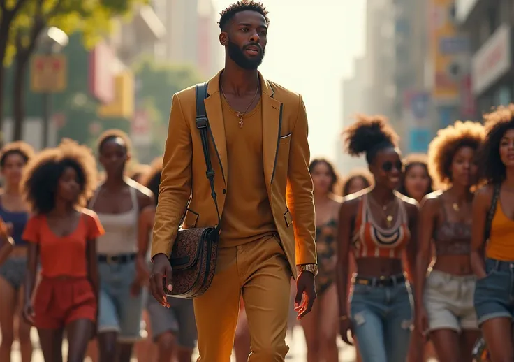 An african handsome teenager musician who flaunts his amazing looks walking and girls running after him