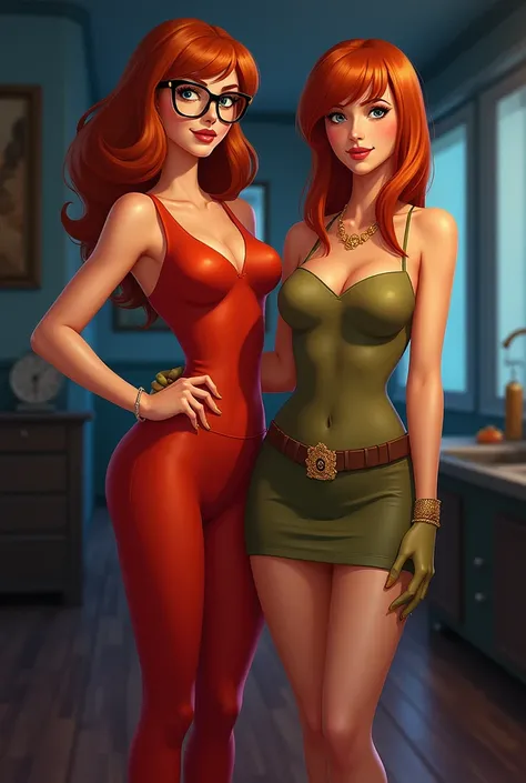 Tall, curvaceous, and shapely Velma Dinkley with eyeglasses and shorter Daphne Blake