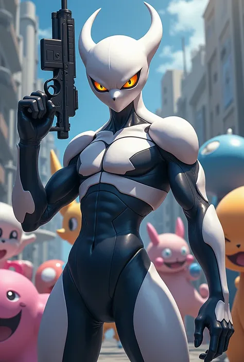 Ultra detailed Mewtwo poster with airsoft replica and several Pokemon in the background 