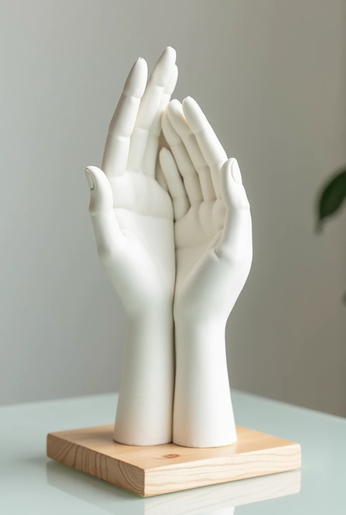  Generate me a beautiful bright picture in soft colors , will be a plaster cast of 2 hands and touch gently, one hand just above the other below .  White plaster hands ,  square light wood stand ,  glass table  