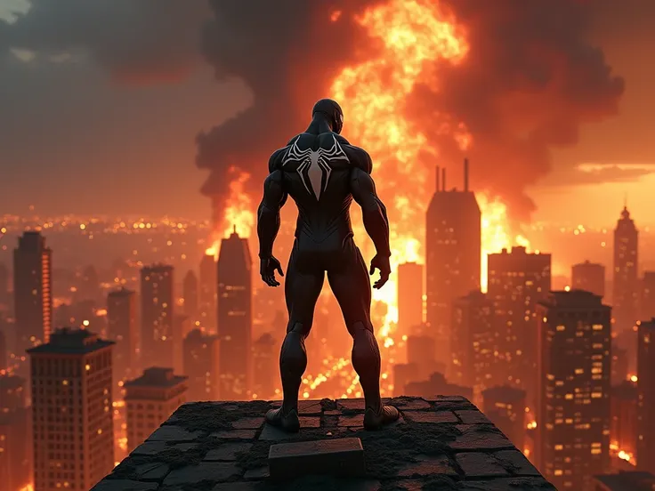 Create a dramatic YouTube cover image of Venom standing on top of a building, watching a chaotic city below. The city should be in flames and filled with destruction. Venom should be in a powerful pose, with dark, intense features, positioned in the center...