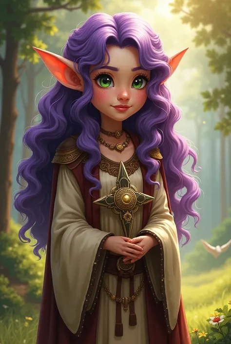 Halfling paladino donna, low, with purple hair , Curly and long.  She has freckles on her face and green eyes.  Her face is nice 