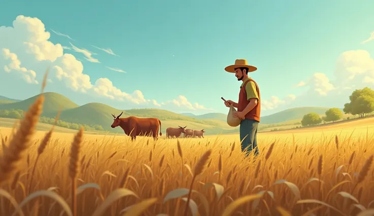 There is a farmer who is farming in a field holding a small bag of seeds, . The field is very big in which he is plowing with cows.He is seeing how many crops have grown in this field and he is worried about how farmer wants to cultivate his 10 acres of la...