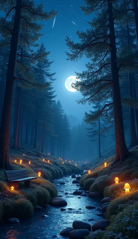 ((high quality)), ((masterpiece)), ((highly detailed)), A peaceful forest clearing under a starlit night sky, where a gentle stream glows with bioluminescent light. The trees are tall and ancient, their leaves shimmering in shades of dark green and silver ...