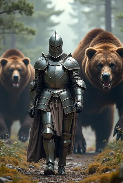 The man wearing armor next to the 2 monster bears was walking forward