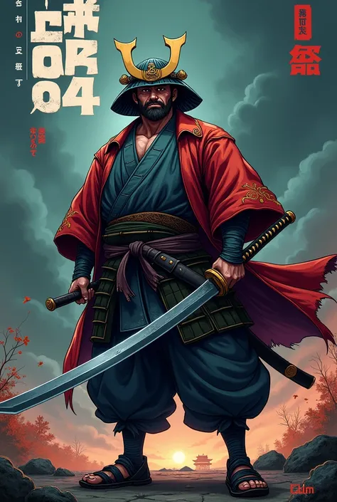 Create a samurai manga style wallpaper with a katana and a coat with a play 2024 a little chubby 