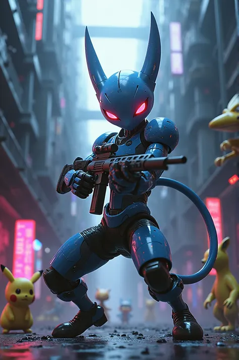 Ultra detailed Mewtwo Cyber animation with airsoft replica and several pokemon in the background with graffiti inscription "Putain de 1312"