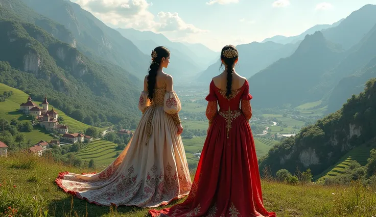  Noble princesses in traditional Georgian clothes , Picturesque mountains of the Kakosas 々Standing at,  Ancient monasteries and vineyards spread across the valley.