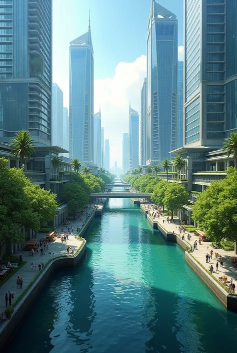 Can you create Advanced city like dubai or new york city 
I want the city to have a river, skyscrapers and a few green trees.