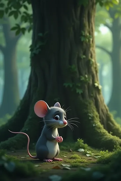 make me a crying mouse sitting infront of a tree in the forest animated for s