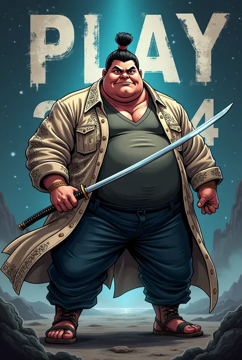 Create a manga style wallpaper for a man with a katana and a coat with a play 2024 a little chubby 