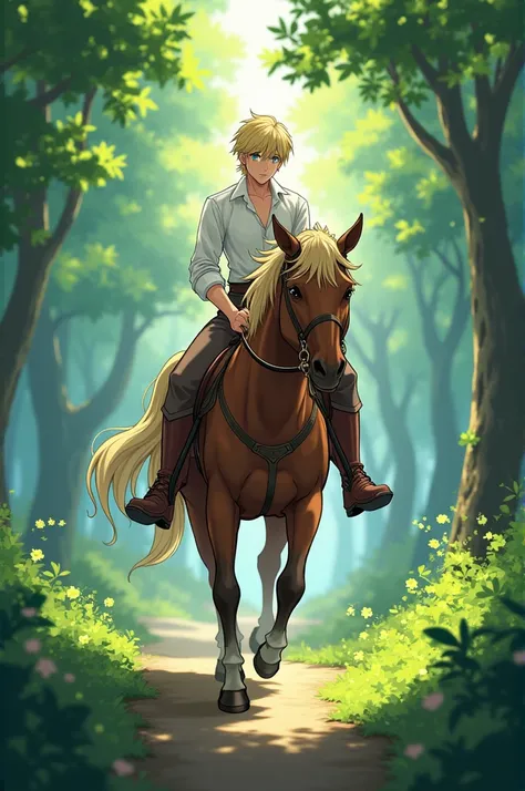 Anime prince , blond hair , blue eyes,camisa blanca, brown pants , mens high boots , riding a brown horse in the woods